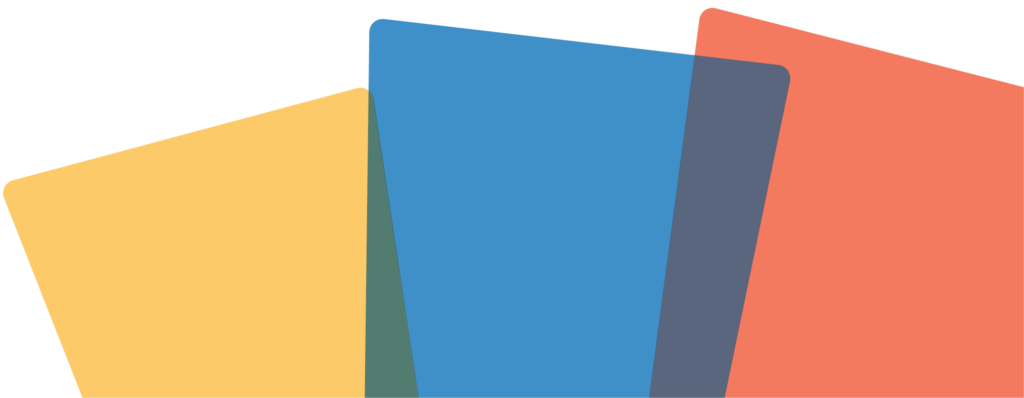 Four overlapping, tilted rectangles in yellow, green, blue, and red on a white background, arranged to form a fan-like shape with smooth edges.